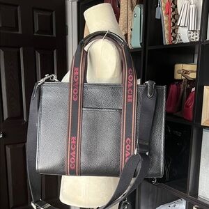 Coach Black Leather Tote with Branded Webbing Strap